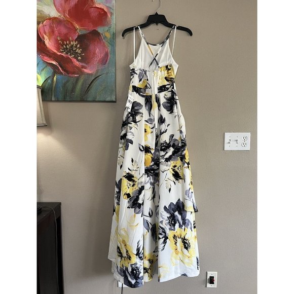 NWT Xtraordinary Formal Dress Sz 5 White Yellow Gray Floral High Neck Maxi Tiers - Picture 7 of 10